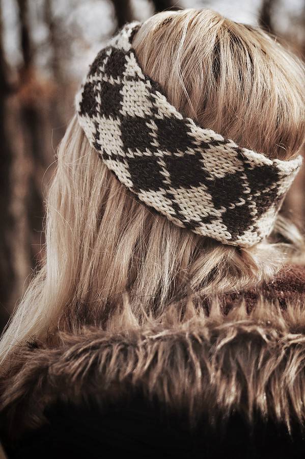 Side view of knitted Cypress earwarmer headband with stranded colorwork design