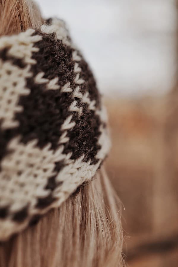 Handknit Fair Isle headband pattern showing classic argyle motif and texture