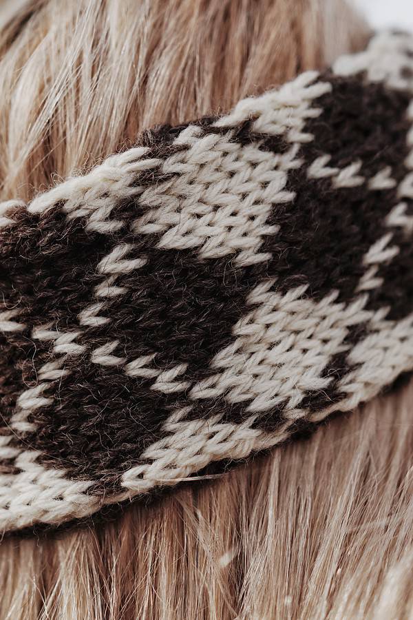 Close up of vintage-inspired argyle Fair Isle headband knitting pattern detail