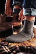 Hand knit boyfriend socks in cream yarn worn with boots - DK weight sock knitting pattern