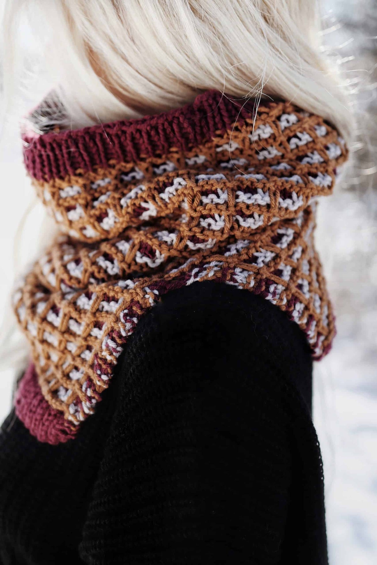 Knitted split hem cowl in neutral yarn draped elegantly - Horizon Cowl knitting pattern by Darling Jadore