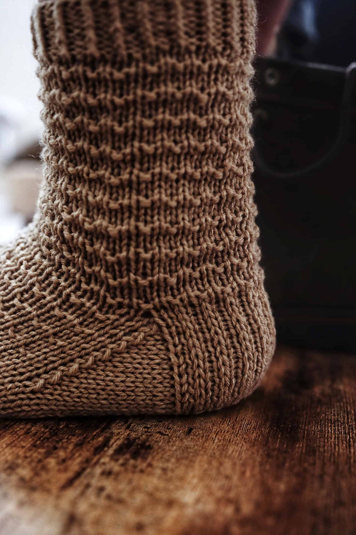 Textured men's knit socks pattern detail - Kodiak Socks knitting pattern for beginners