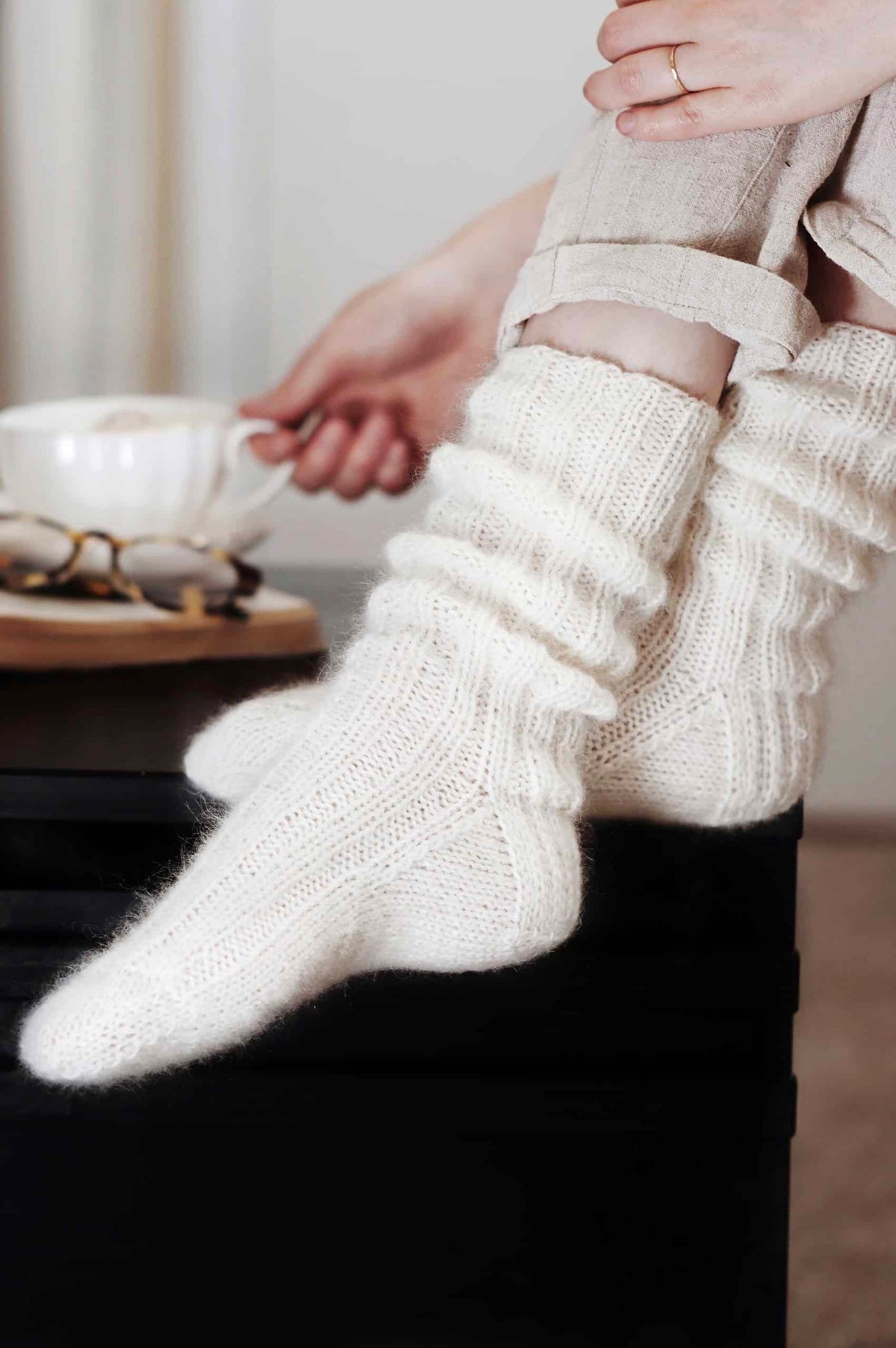Handmade cream knit socks with ribbed cuff detail - easy beginner pattern