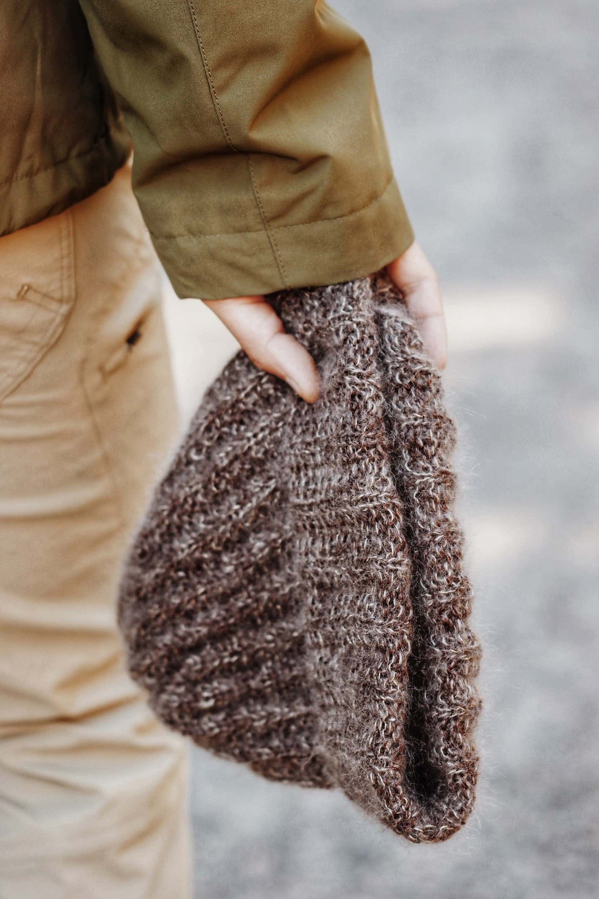 Close-up of textured rib stitch detail on The Oakwood mens beanie knitting pattern