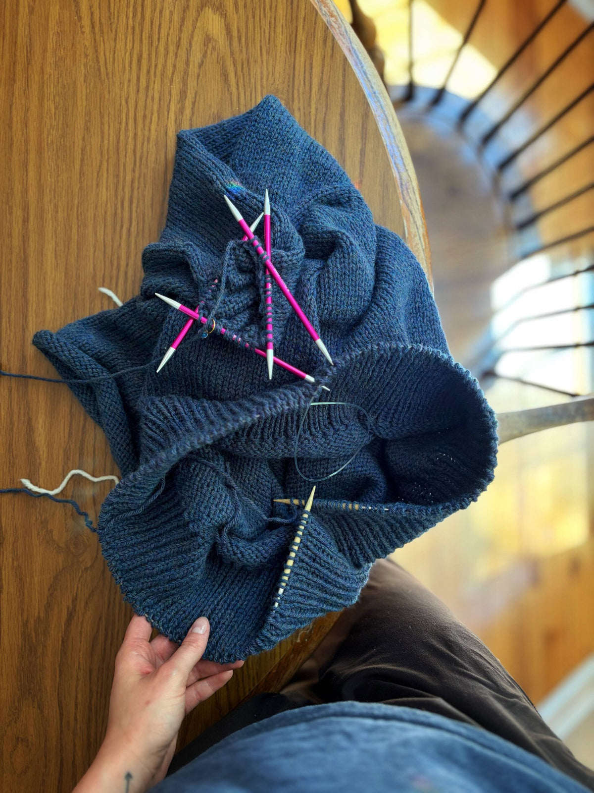 Cozy blue sweater with scissors