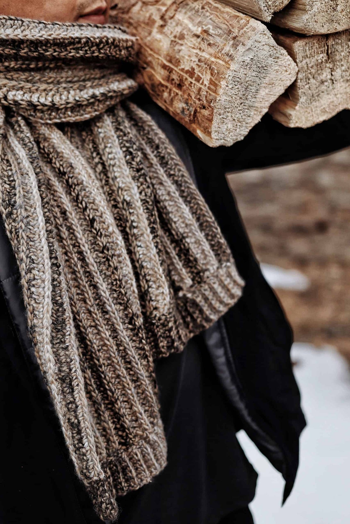 Knit look crochet scarf pattern showing elegant drape and ribbed texture