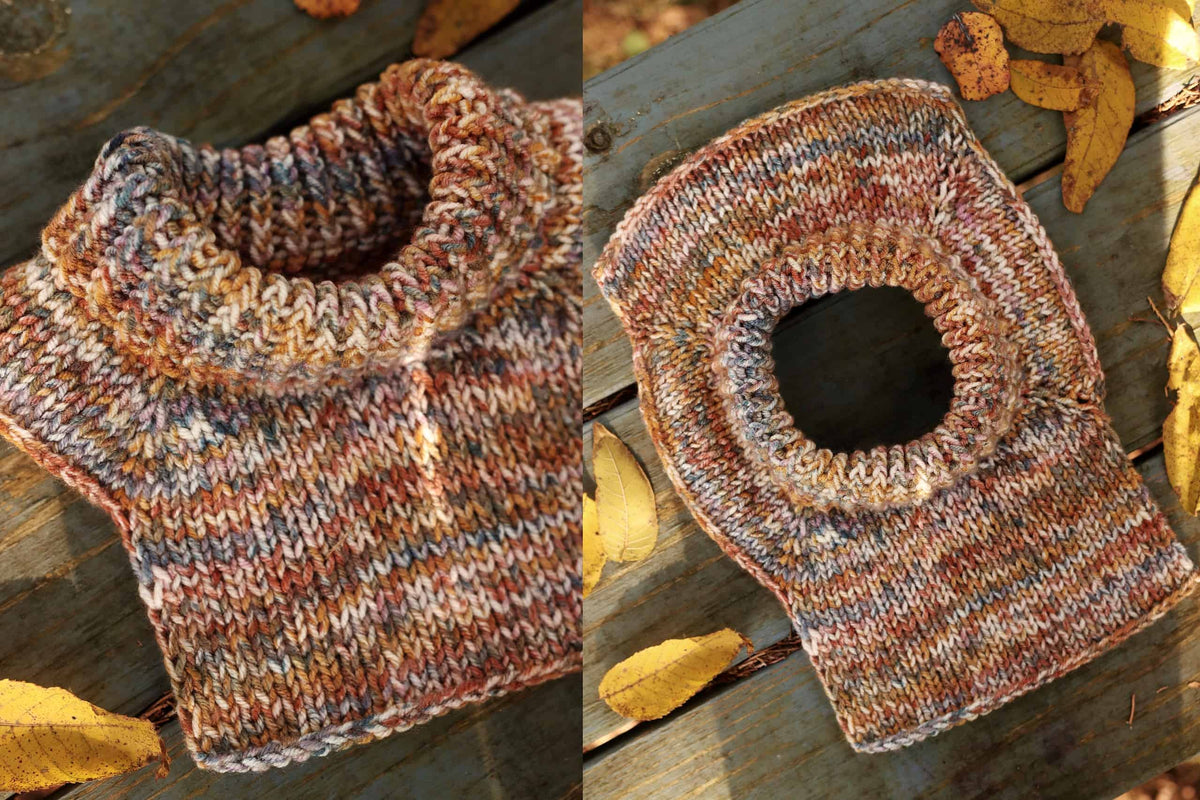Toddler wearing handknit dickey neck warmer in natural light outdoor setting