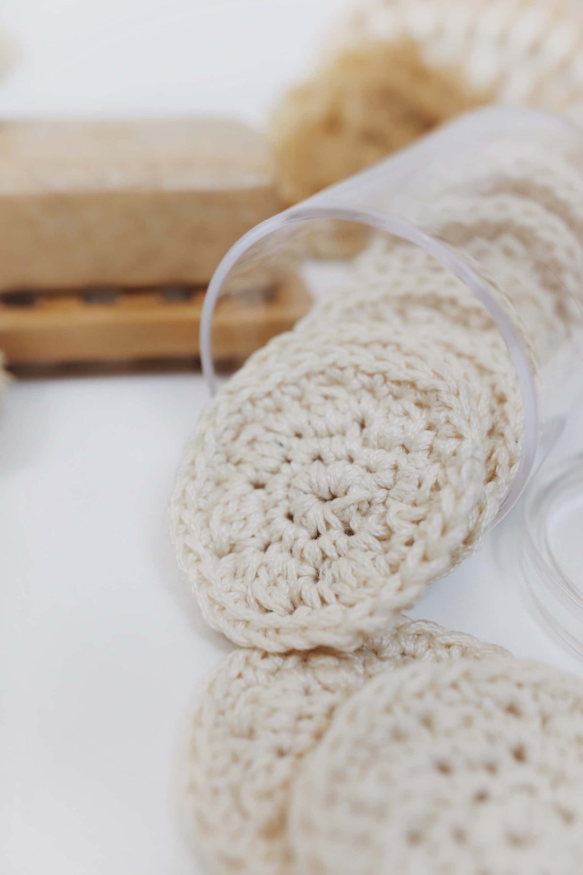 Handmade crocheted cotton rounds for sustainable beauty routine and makeup removal