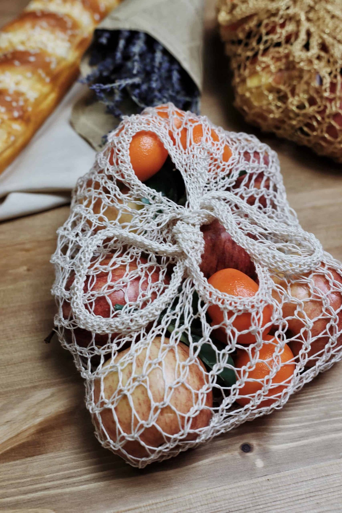 Eco-friendly knit market bag pattern detail showing durable mesh construction
