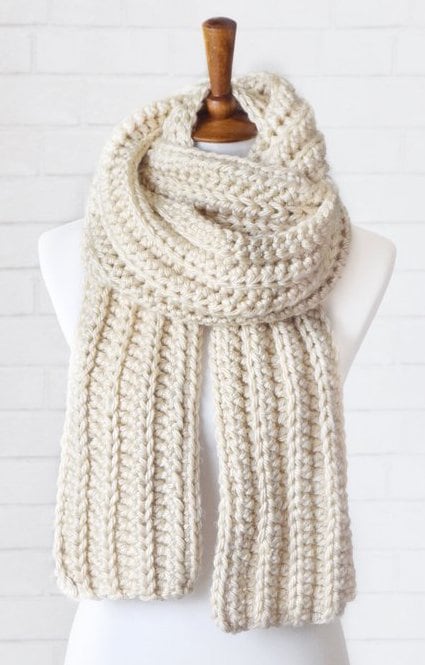 Chunky oatmeal-colored ribbed scarf showing knit-like texture, The Halston Scarf crochet pattern