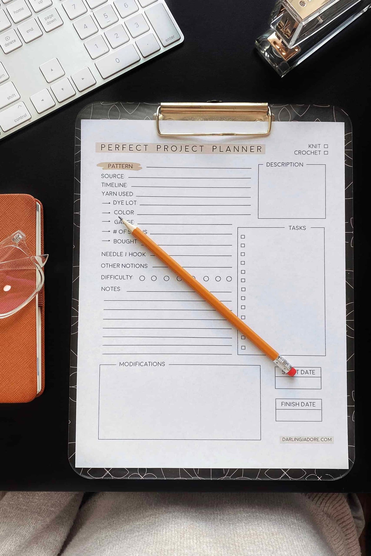 Knitting and crochet project planner pages showing pattern tracking sections and note areas