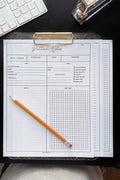 Knitting pattern template pages showing guided note-taking sections for designers
