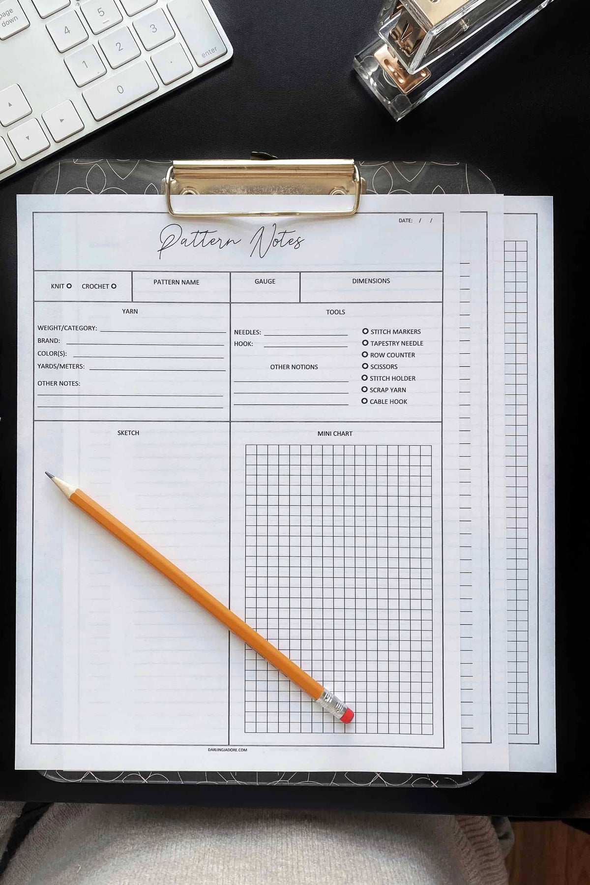 Knitting pattern template pages showing guided note-taking sections for designers