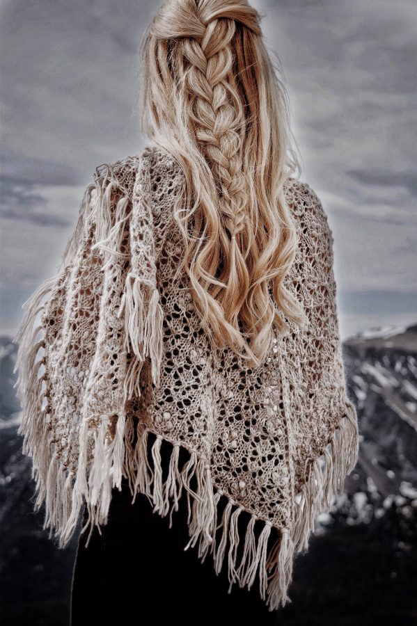 The Calyx Shawl lace knitting pattern with Estonian details and tassels