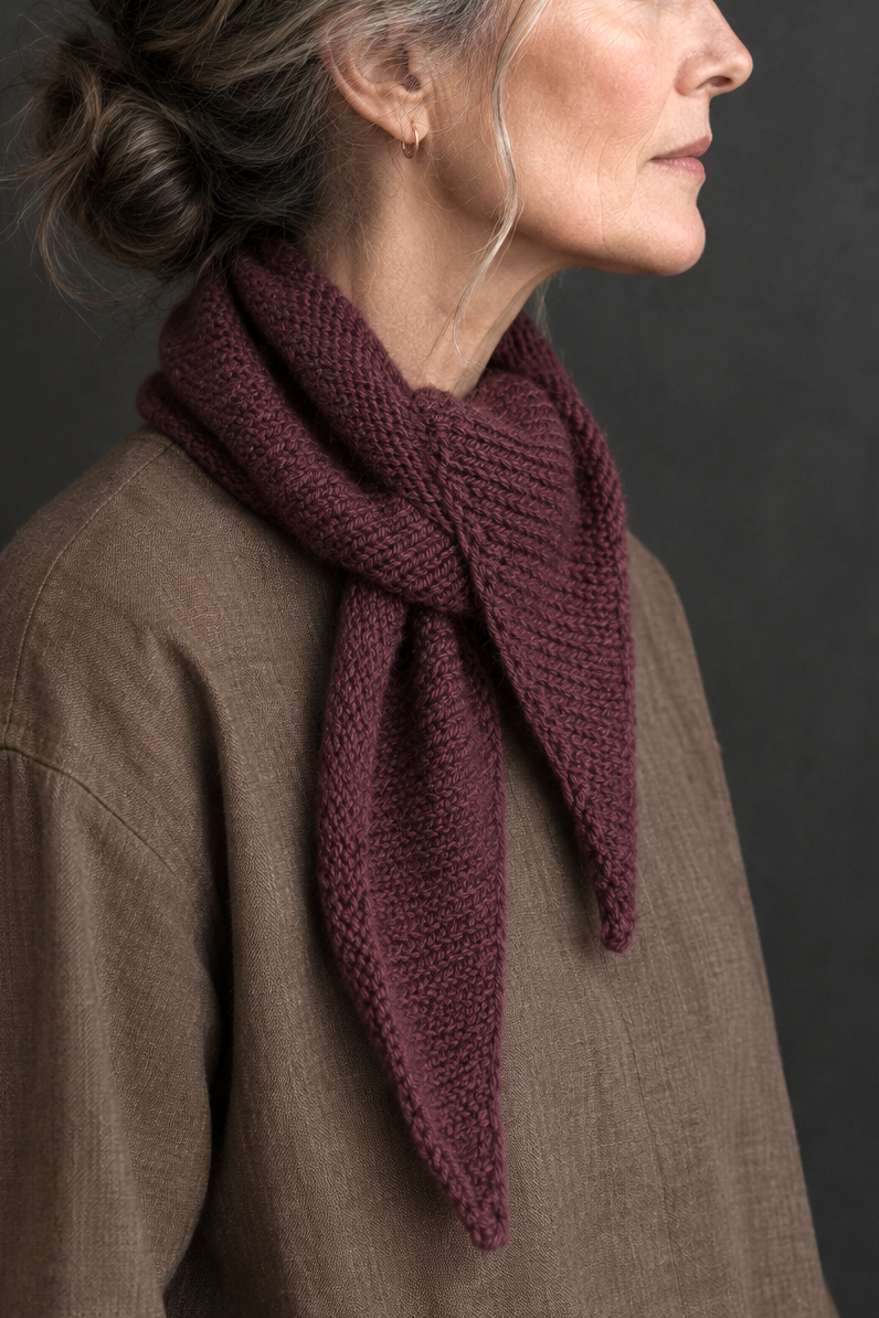 Burgundy knit triangle scarf tied over a brown top - The Air Scarf Knitting Pattern by Darling Jadore