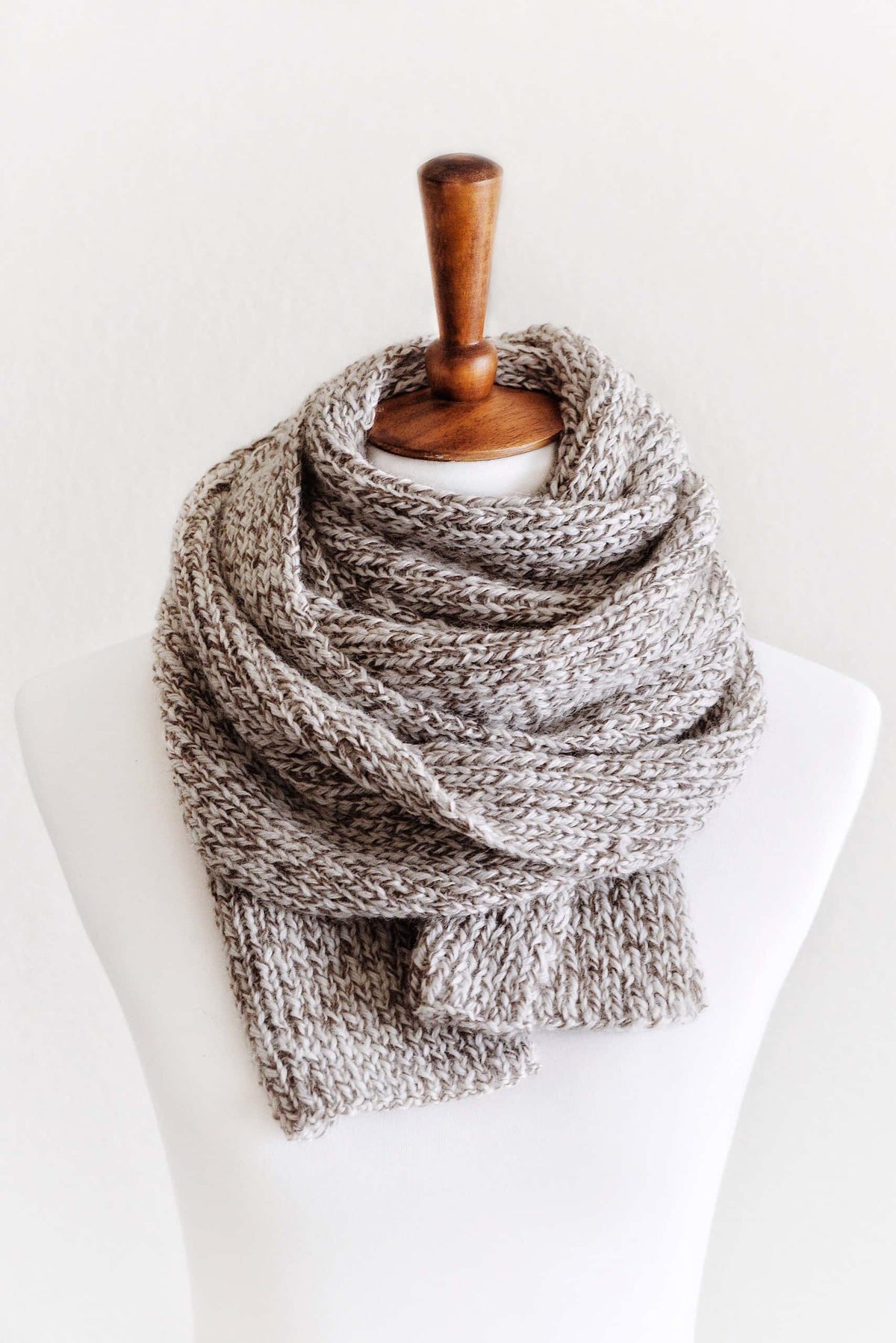 The Nora Scarf beginner knitting pattern - classic stockinette stitch scarf in neutral tones