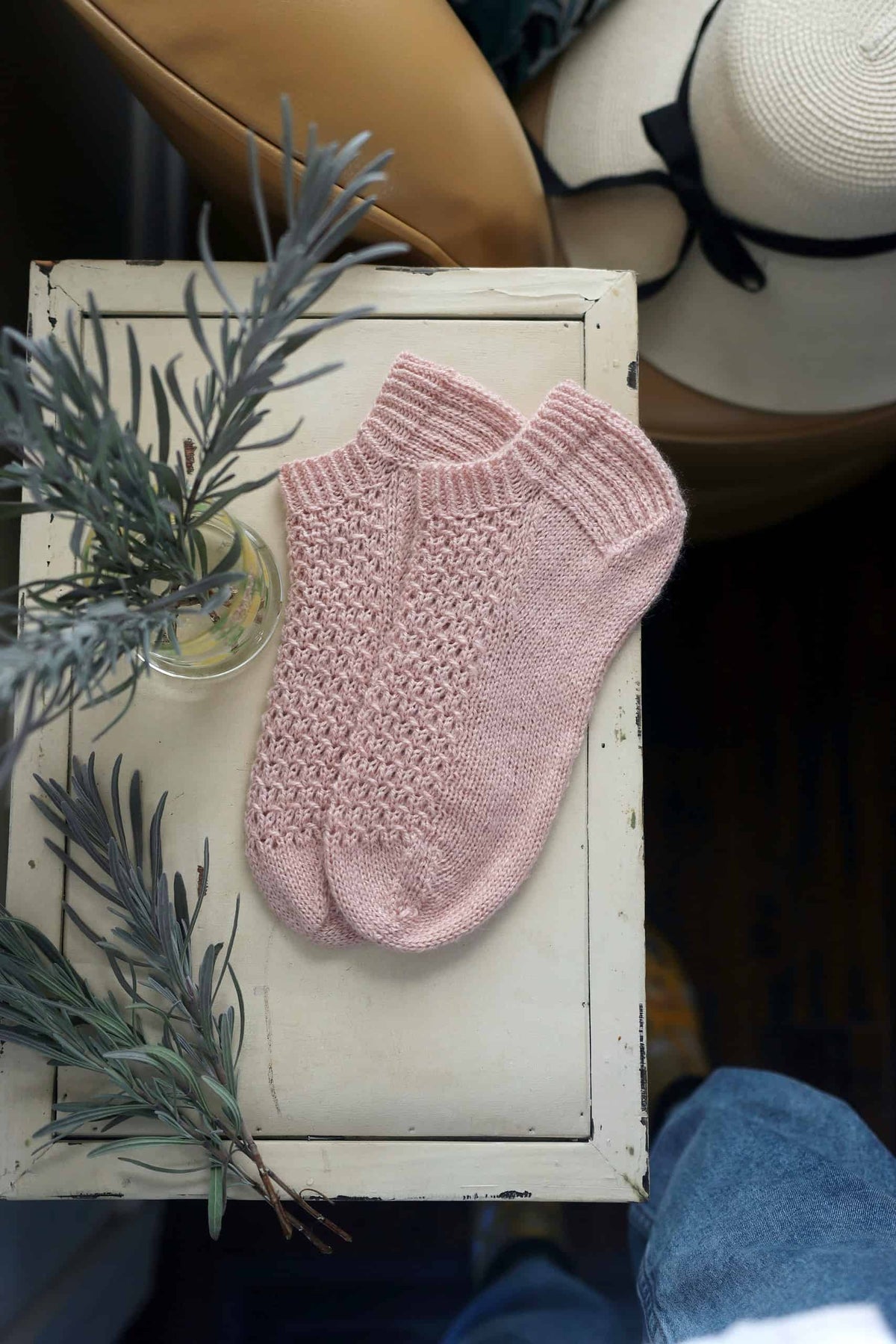 Beginner-friendly lace ankle socks knitting pattern detail showing eyelet design