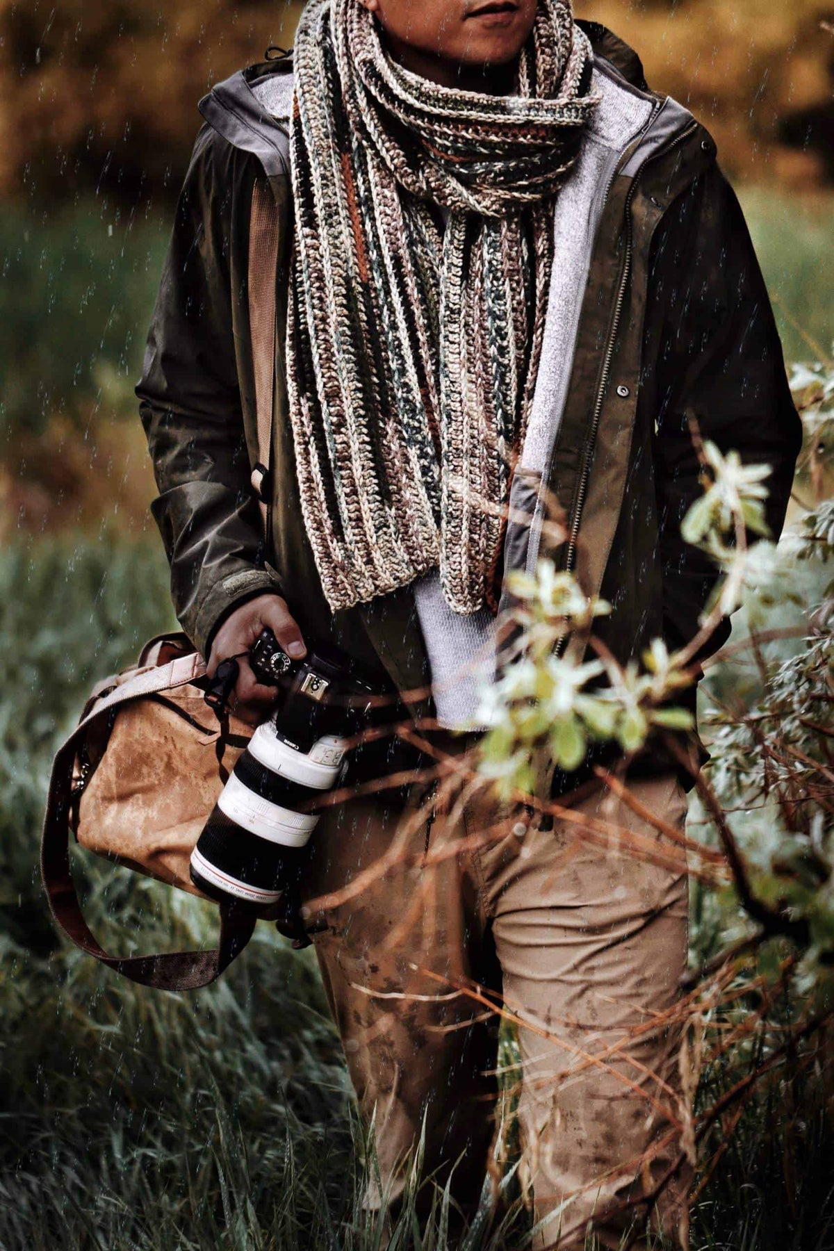 Beginner camo scarf crochet pattern with ribbed texture in earth tone colors