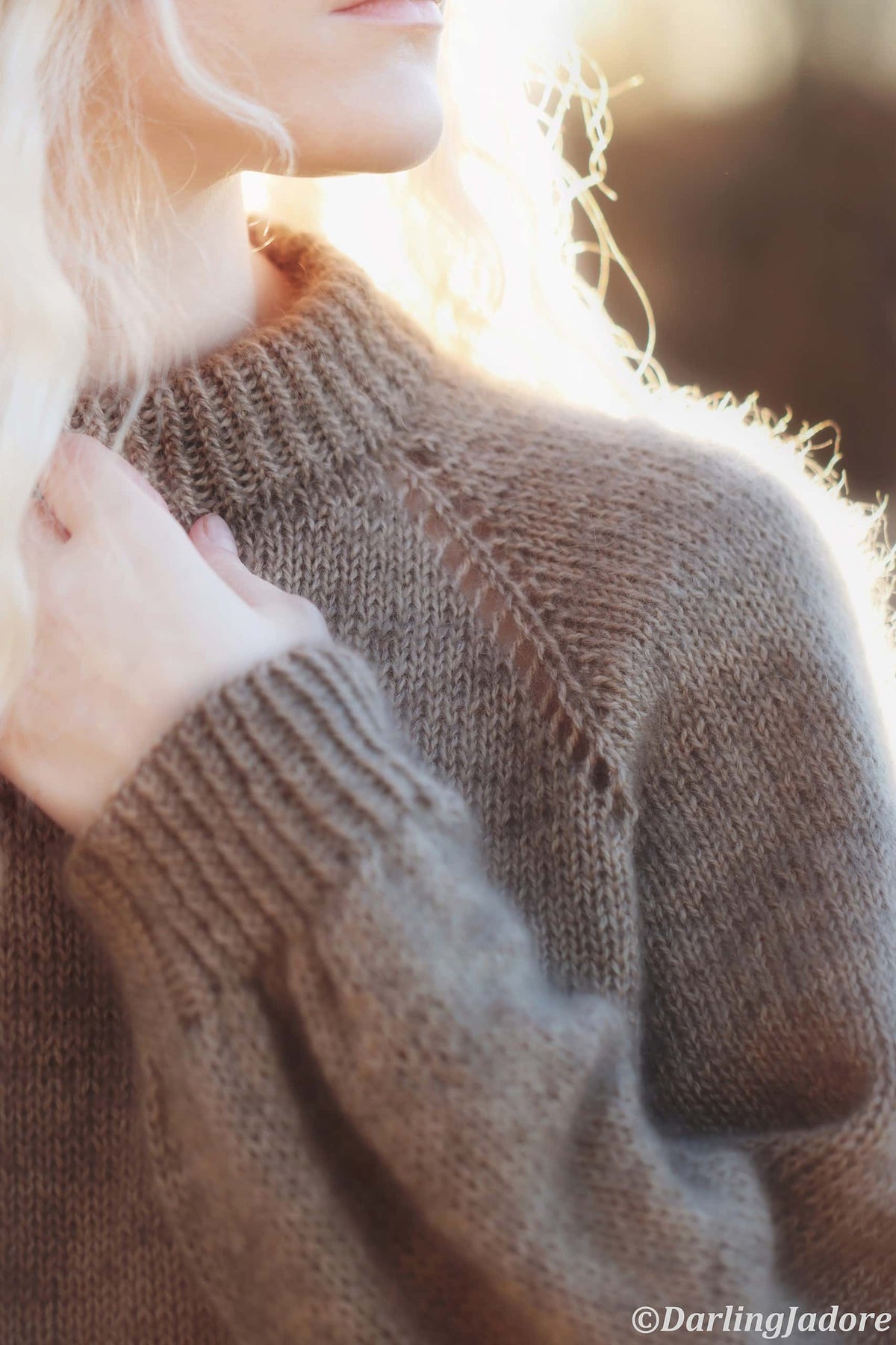 Cream oversized raglan sweater with ribbed collar and cuffs - Cafe Sweater top-down knitting pattern by Darling Jadore