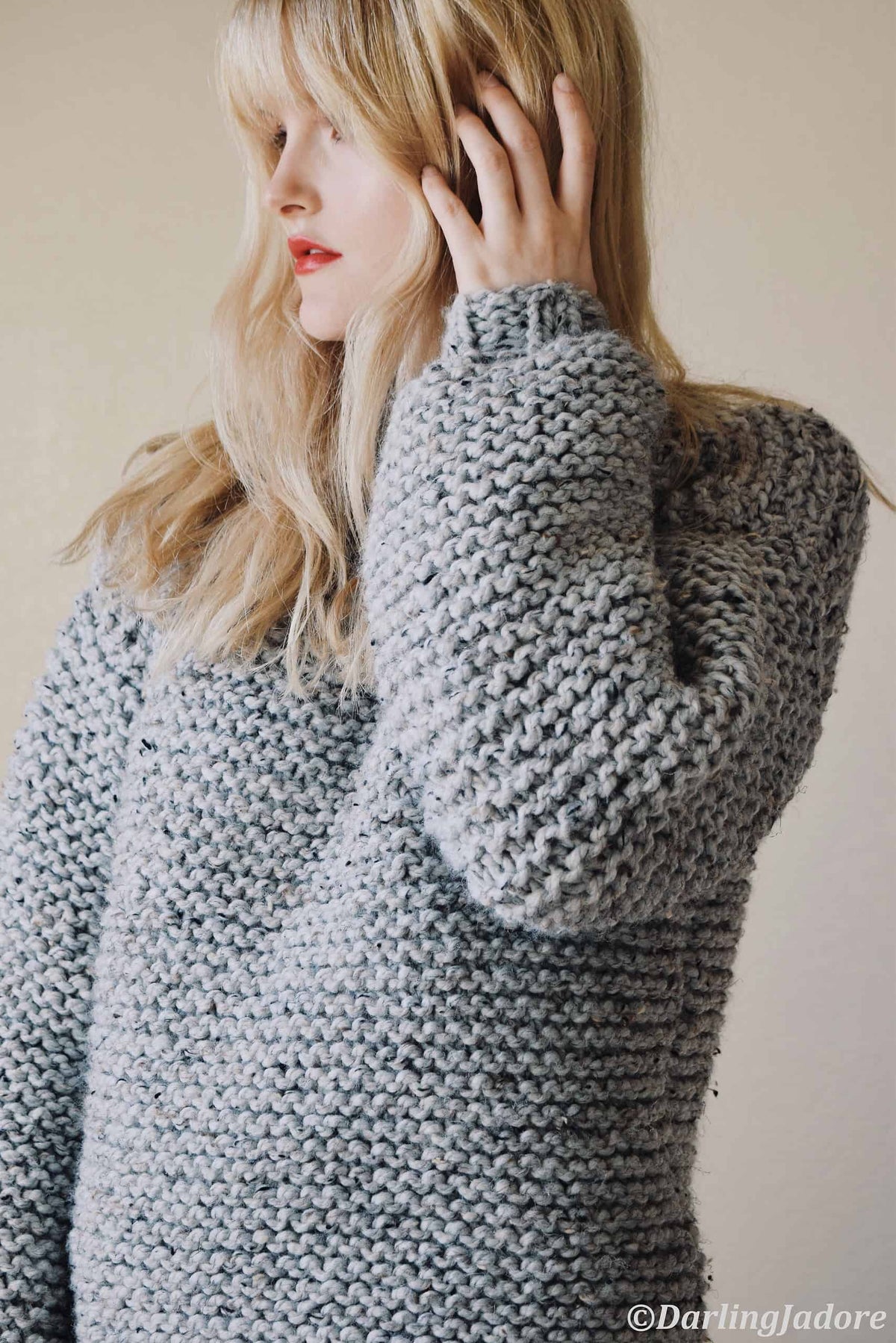 Relaxed fit Campfire Sweater, beginner-friendly chunky pullover knitting pattern by Darling Jadore