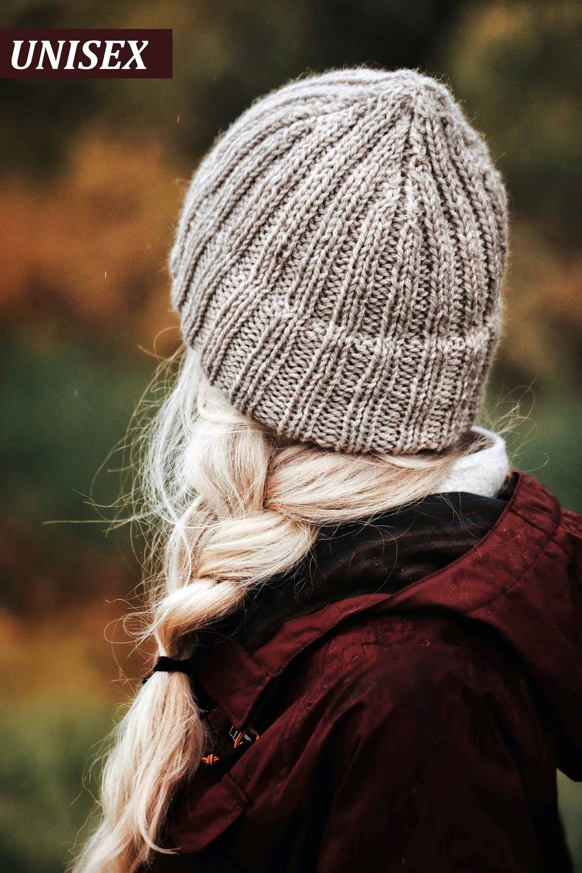 Easy double brim beanie knitting pattern shown in neutral worsted weight yarn