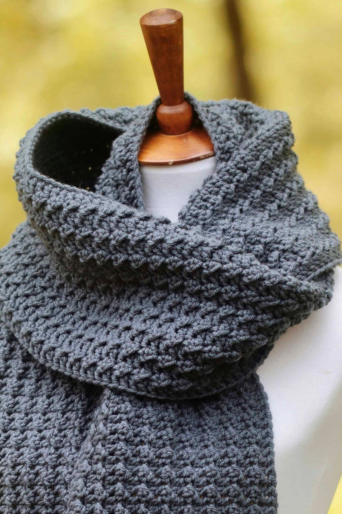 Timberline mens scarf crochet pattern styled for outdoor wear in charcoal gray