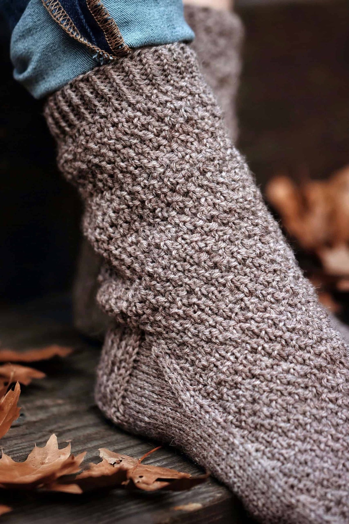 Neutral knit boot socks with textured stitch detail - easy beginner socks pattern by Darling Jadore
