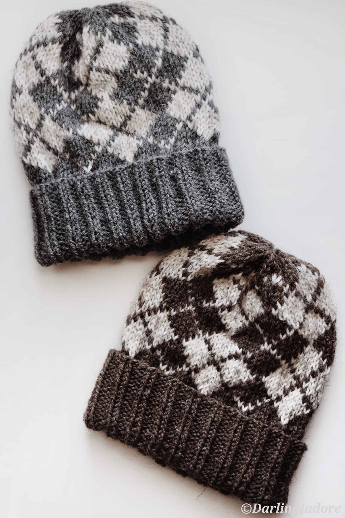 Detailed view of fair isle argyle beanie knitting pattern with fold-over brim detail