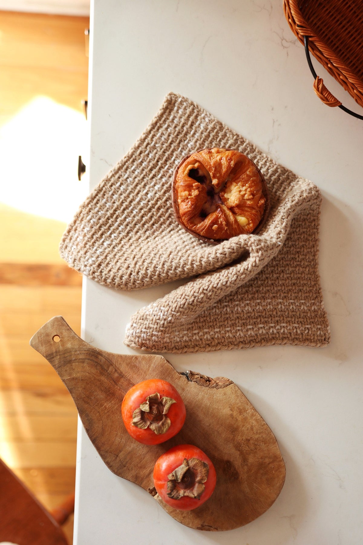 Cream knitted farmhouse tea towel with textured stitch pattern - Homestead Towel knitting pattern by Darling Jadore