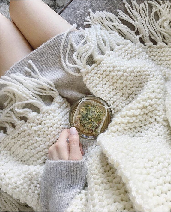 Chunky knit blanket scarf with fringe tassels styled for winter - The Blanket Scarf pattern