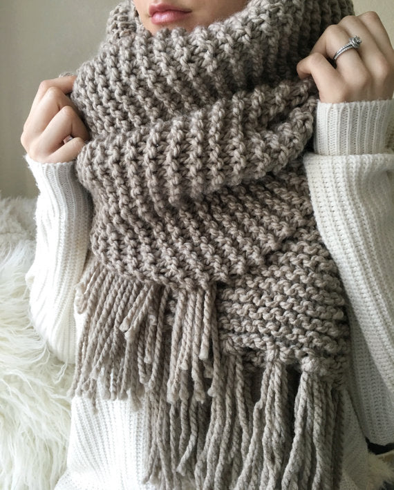 Cozy oversized blanket scarf knitting pattern draped elegantly - easy beginner scarf pattern