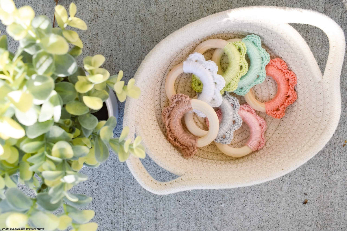 Close-up of beginner-friendly sunshine teether crochet pattern with detailed stitching