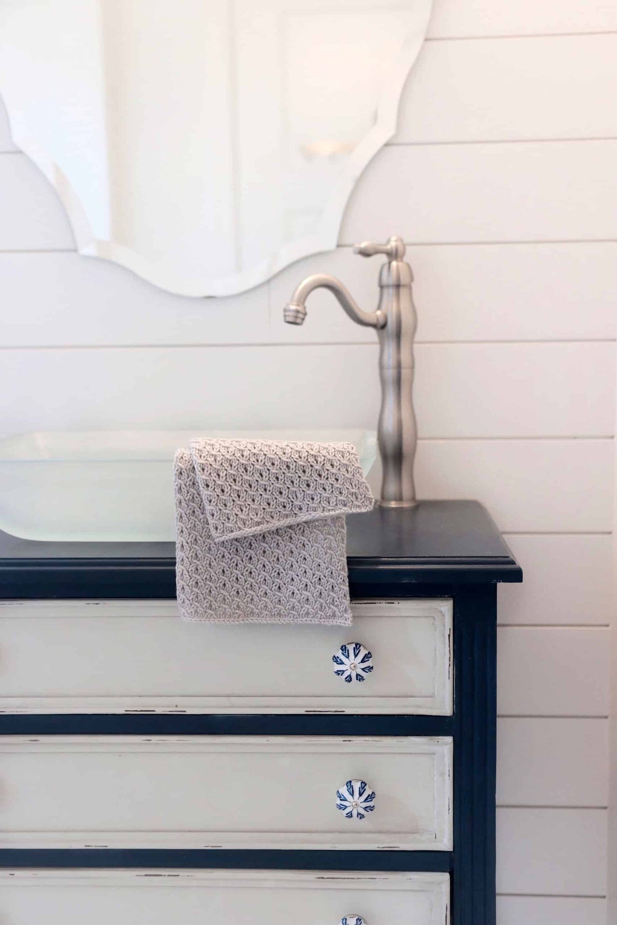 Modern farmhouse kitchen towel knitting pattern with refined lace detail and textured fabric