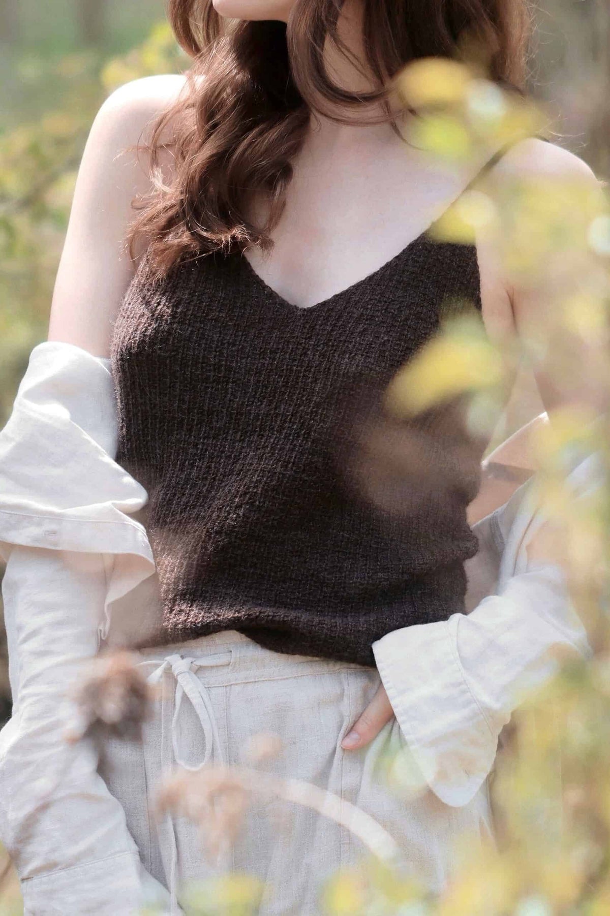 Knit camisole tank top pattern showing elegant drape and breathable fabric