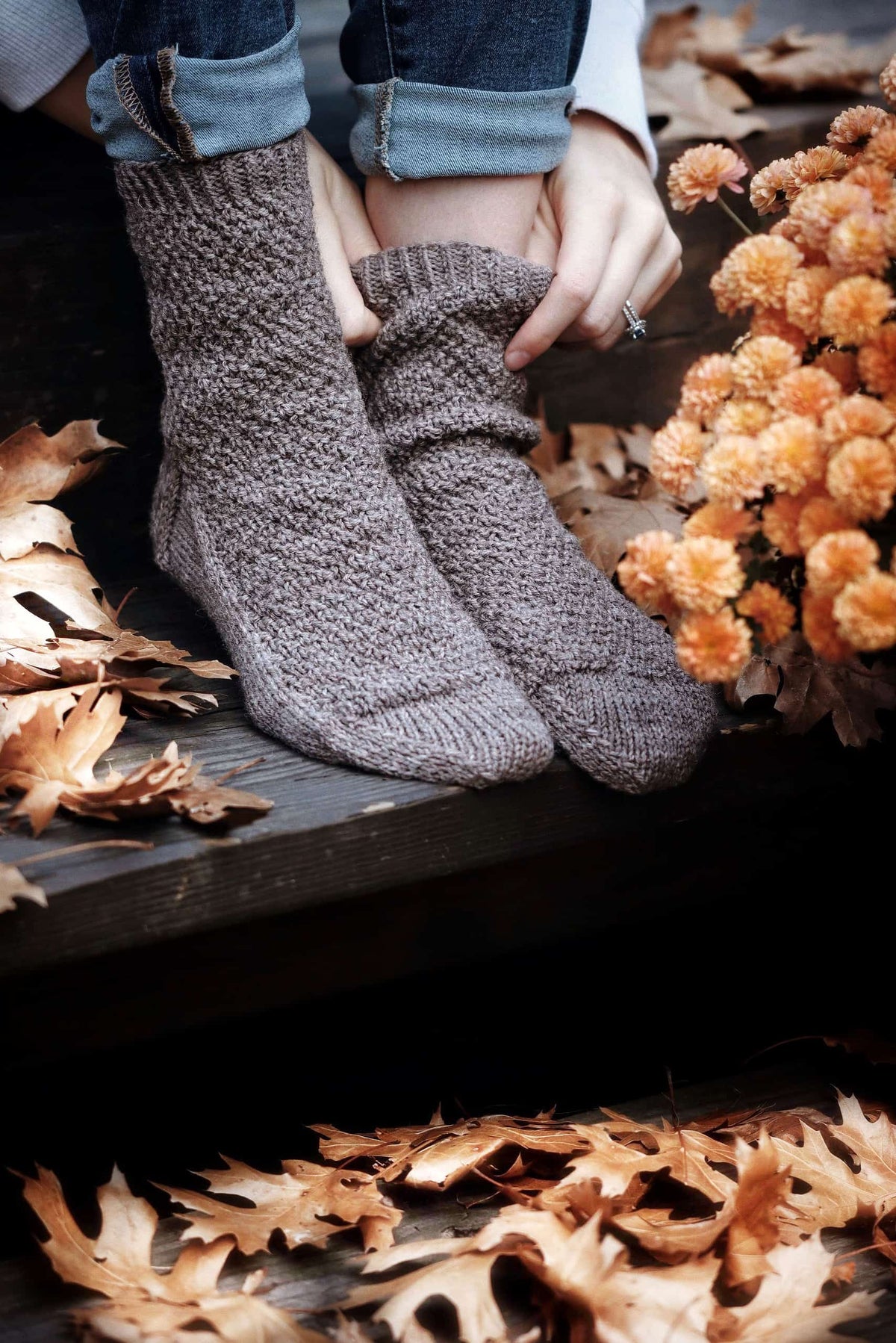 Cozy handknit socks in natural yarn - beginner boot socks knitting pattern with cobblestone texture