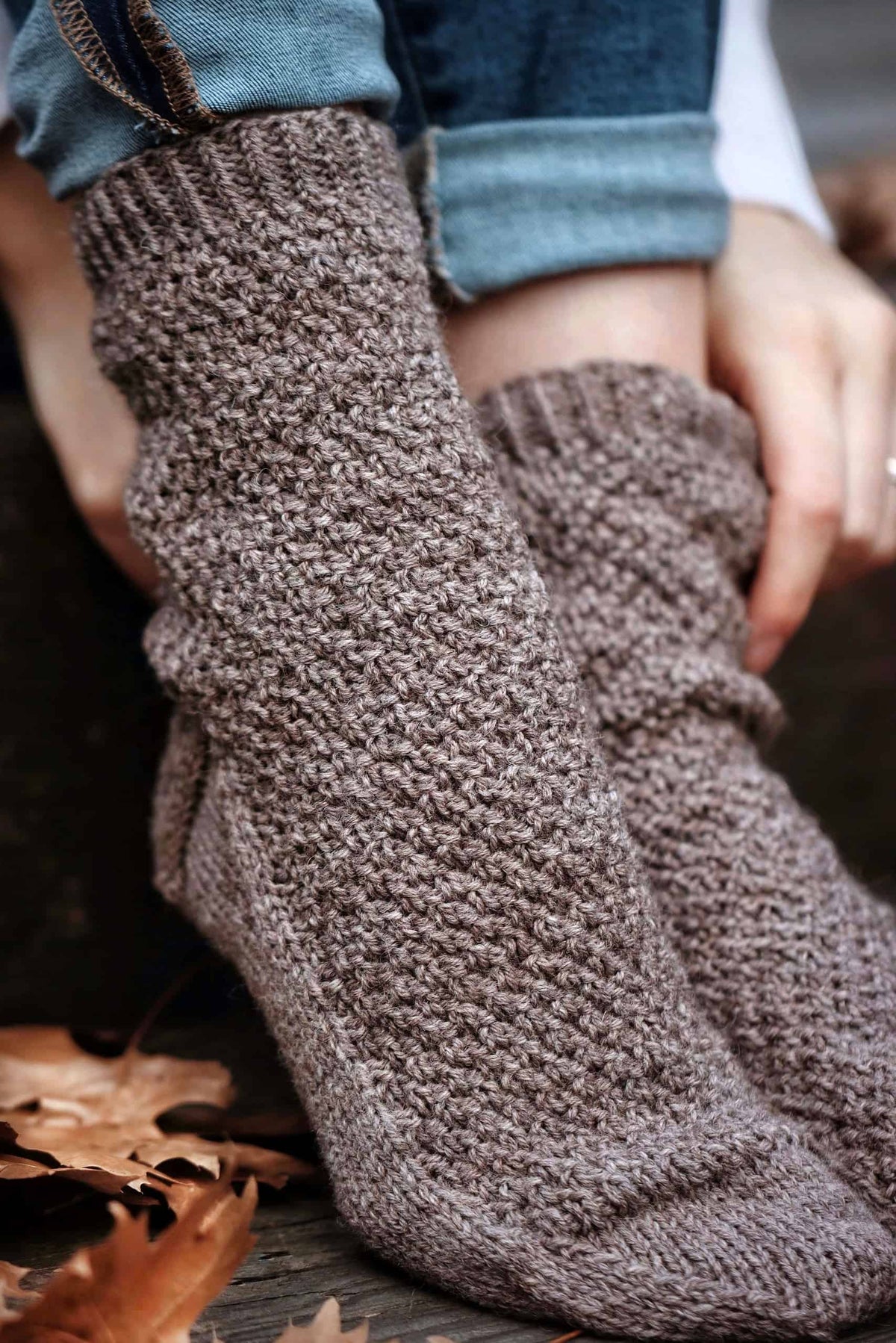 Cozy knitted boot socks with textured cobblestone pattern - beginner-friendly sock pattern