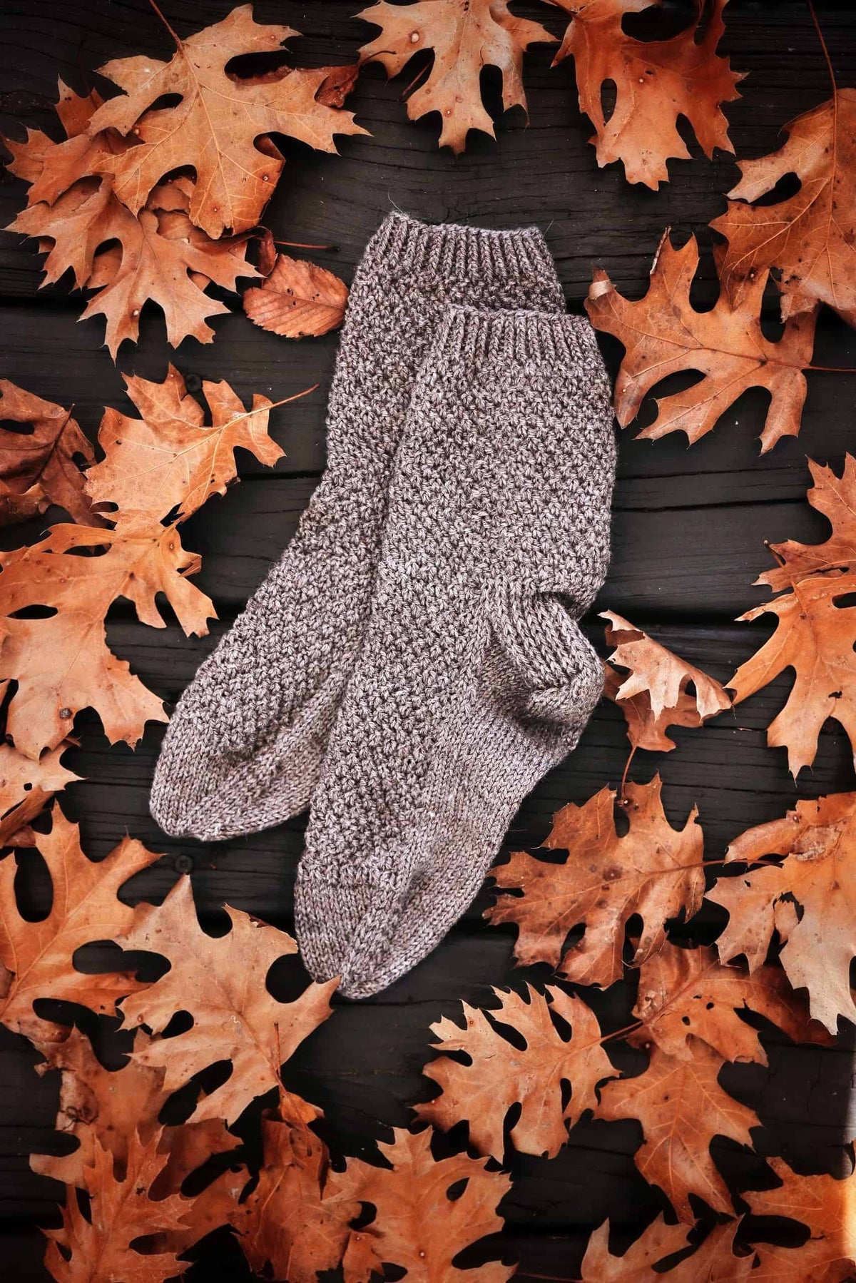 Close-up of cobblestone stitch texture on handknit boot socks - easy socks knitting pattern
