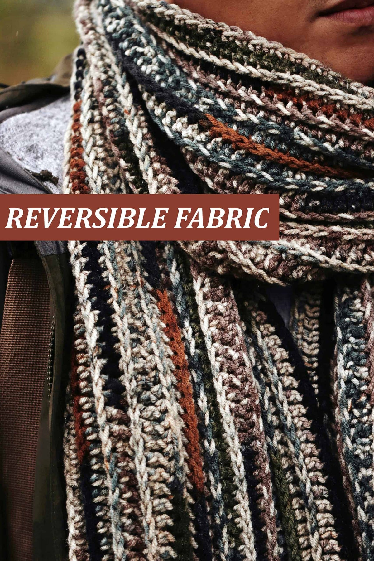 Men's camo scarf crochet pattern styled outdoors with natural lighting