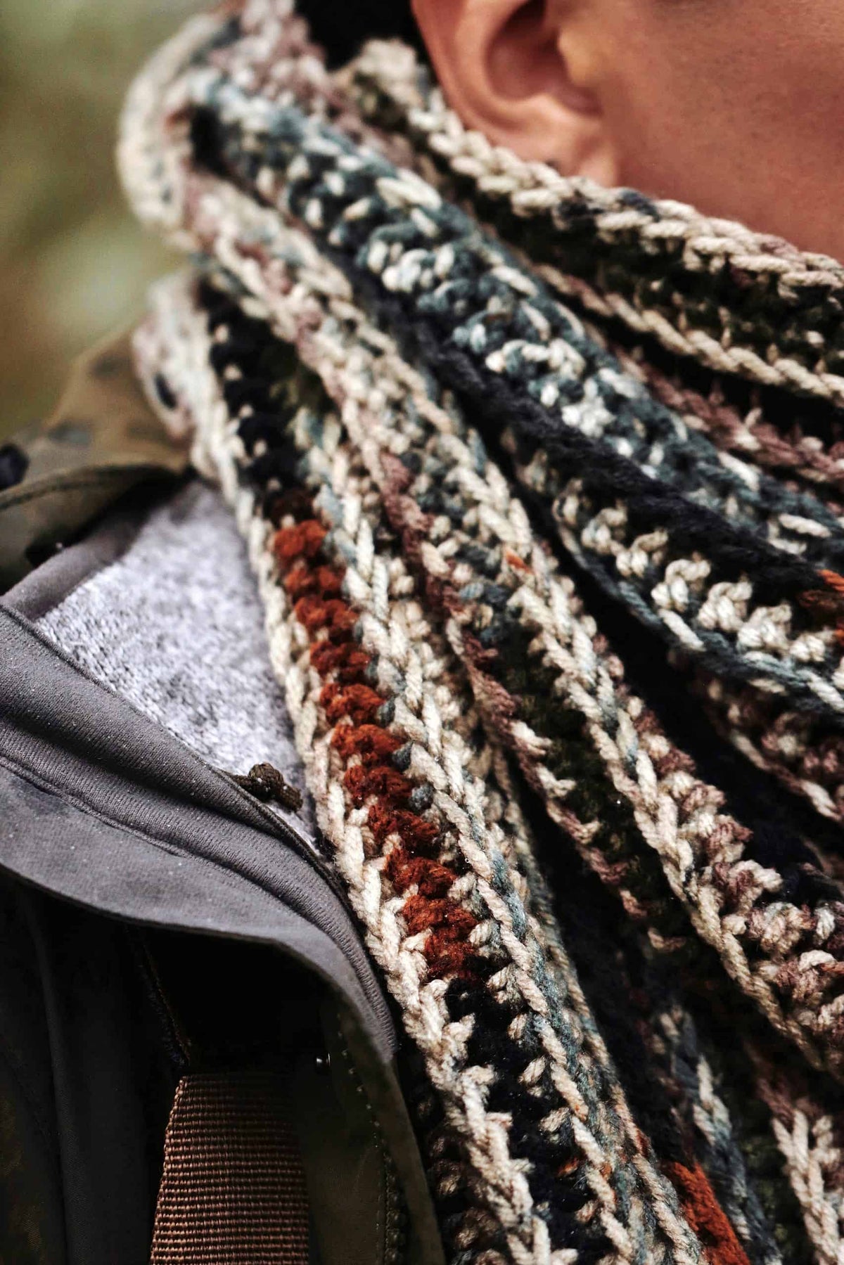 Classic men's scarf crochet pattern in camouflage colorway for outdoors