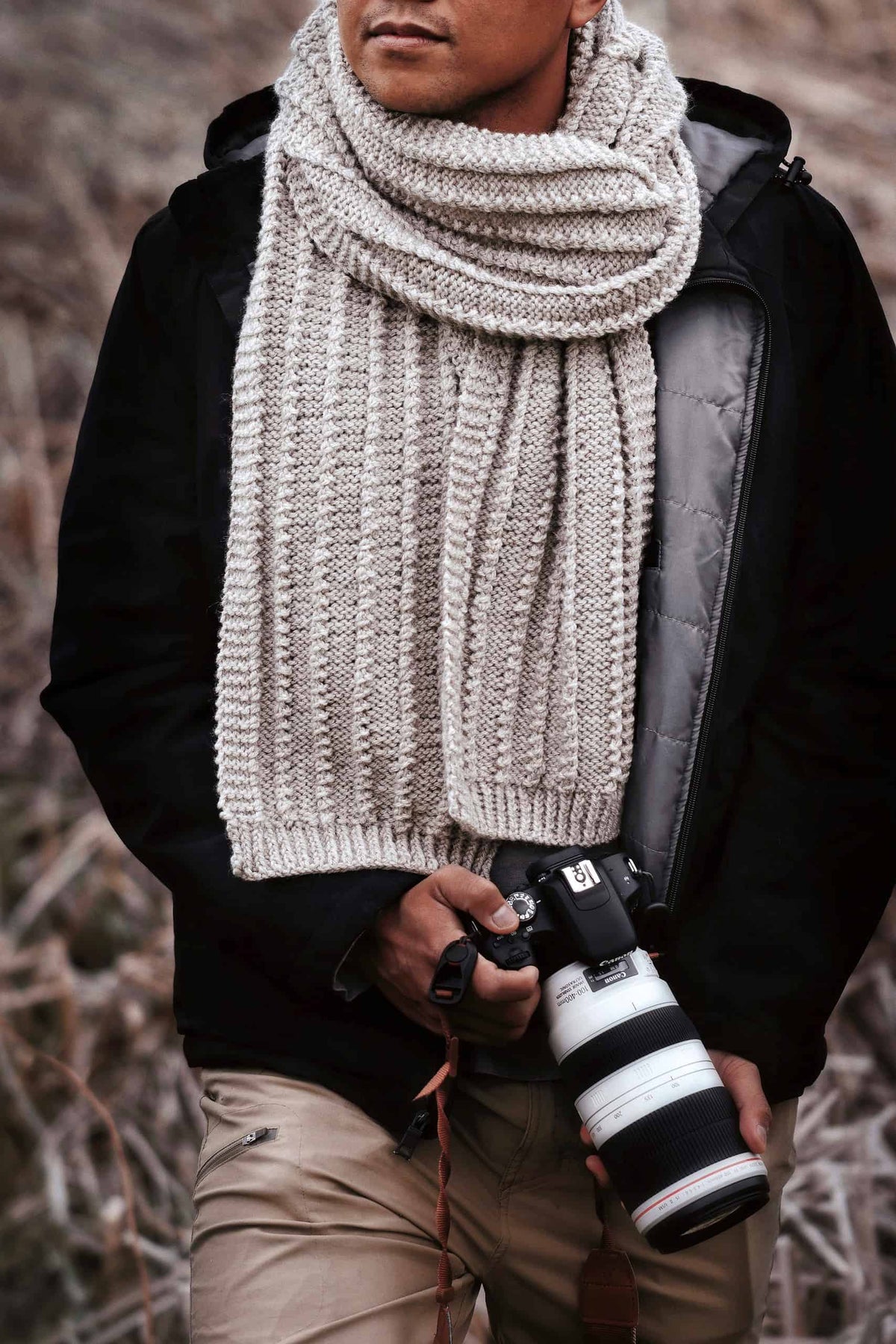 Rugged mens scarf knit pattern showing detailed stitch texture and drape