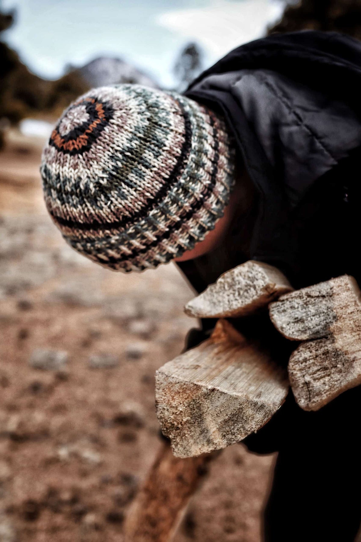 Side view of knitted camo beanie pattern with cozy fold-over brim
