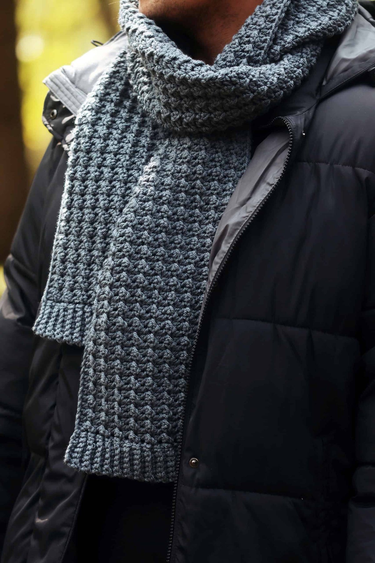 Beginner-friendly mens scarf crochet pattern with striking vertical ribbing texture