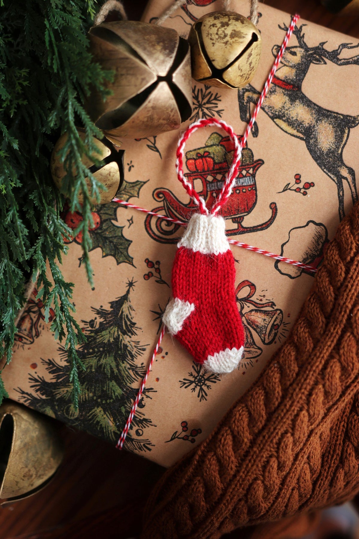 Quick knit mini stocking ornament pattern perfect for holiday gift giving and tree decorating