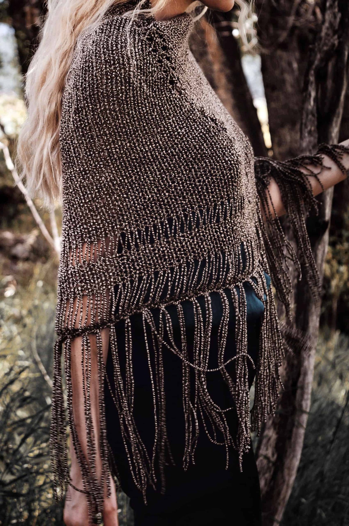 Neutral toned crescent shawl styled as elegant wrap - classic shawl knitting pattern