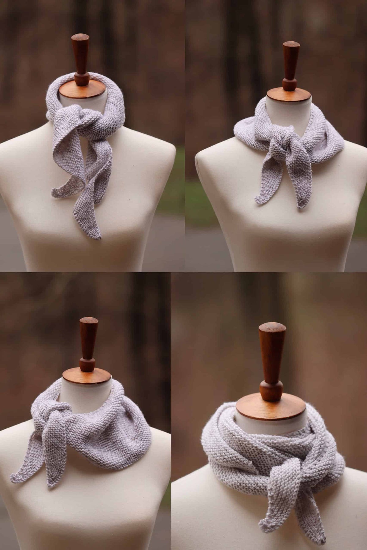 Beginner friendly small scarf knitting pattern draped showing plush garter stitch fabric