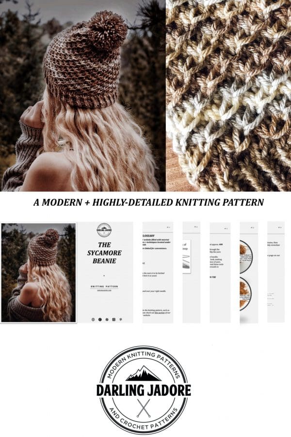 Flat lay of Sycamore beanie knitting pattern showing full textured design