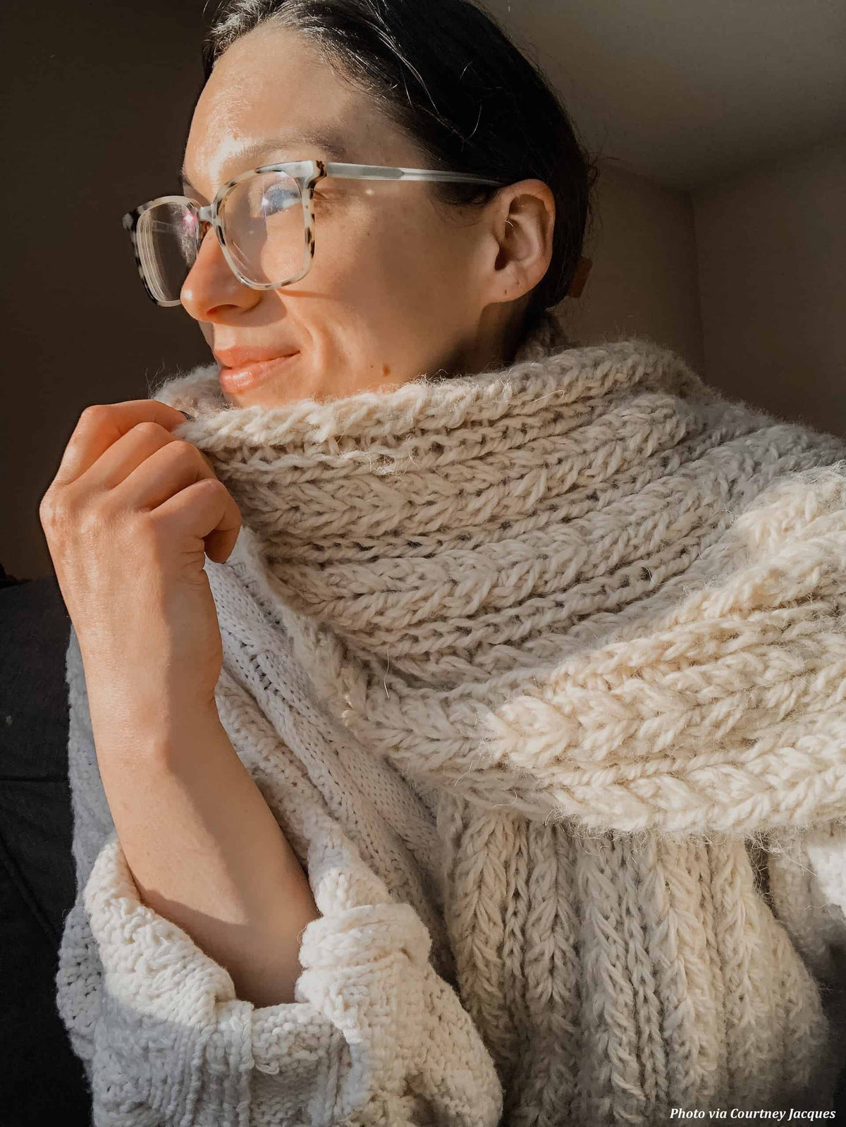 Windchill wrap scarf knitting pattern styled as cozy winter accessory