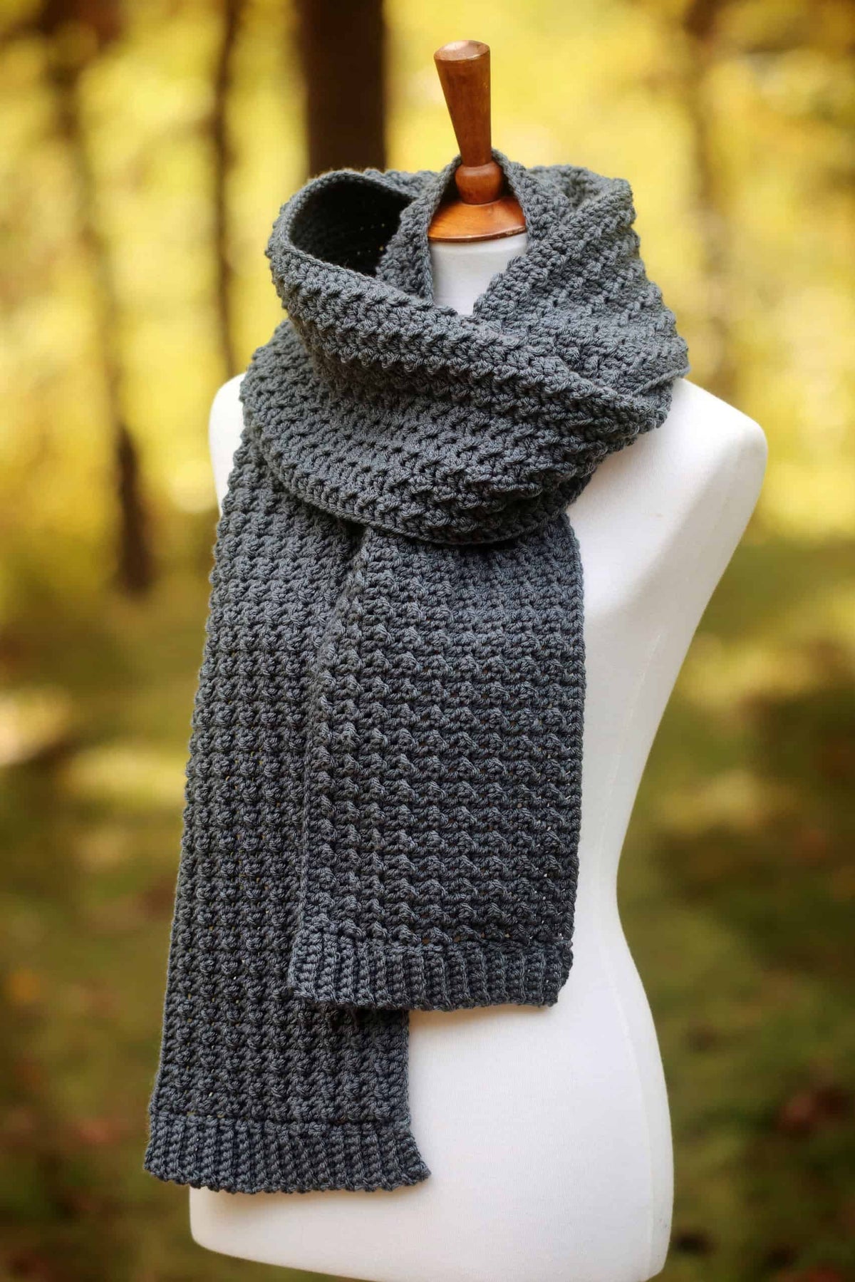 Beginner mens scarf crochet pattern draped showing rich texture and substantial feel