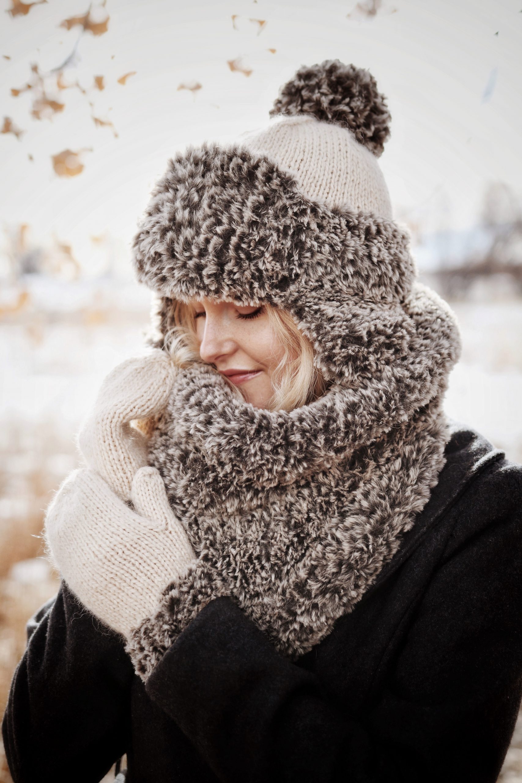 Faux Fur Knit Hat Mittens Cowl Knitting Patterns by Darling Jadore, Tundra