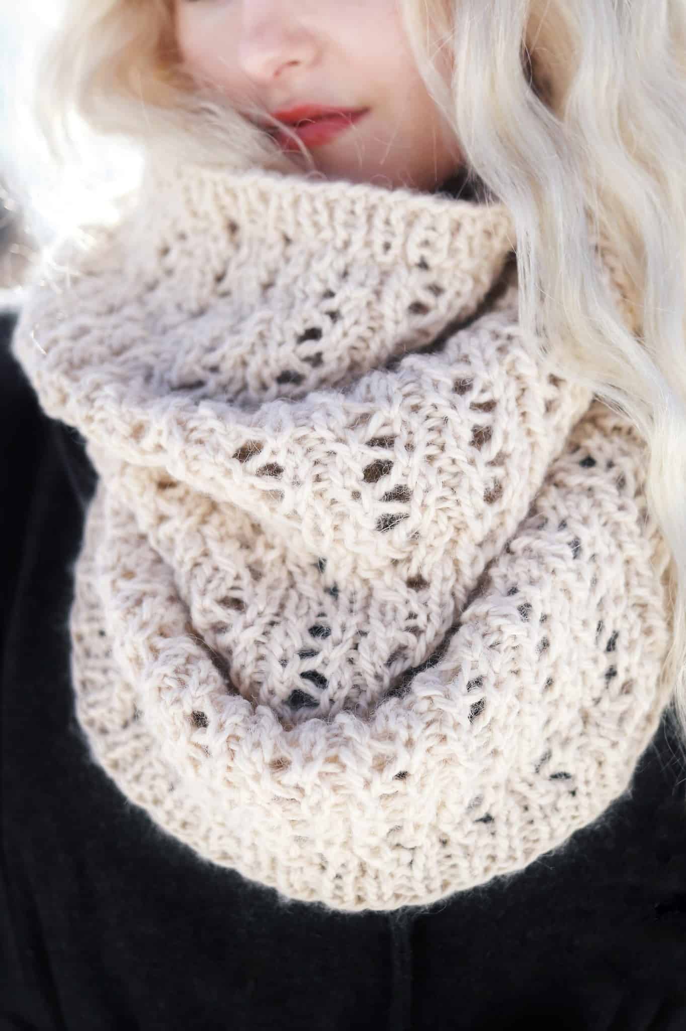 Snowfall Cowl Knitting Pattern, Lace Cowl Scarf Pattern by Darling Jadore